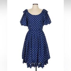 Vintage unbranded bubble hem navy blue and white polka dot dress, 13 or 14
